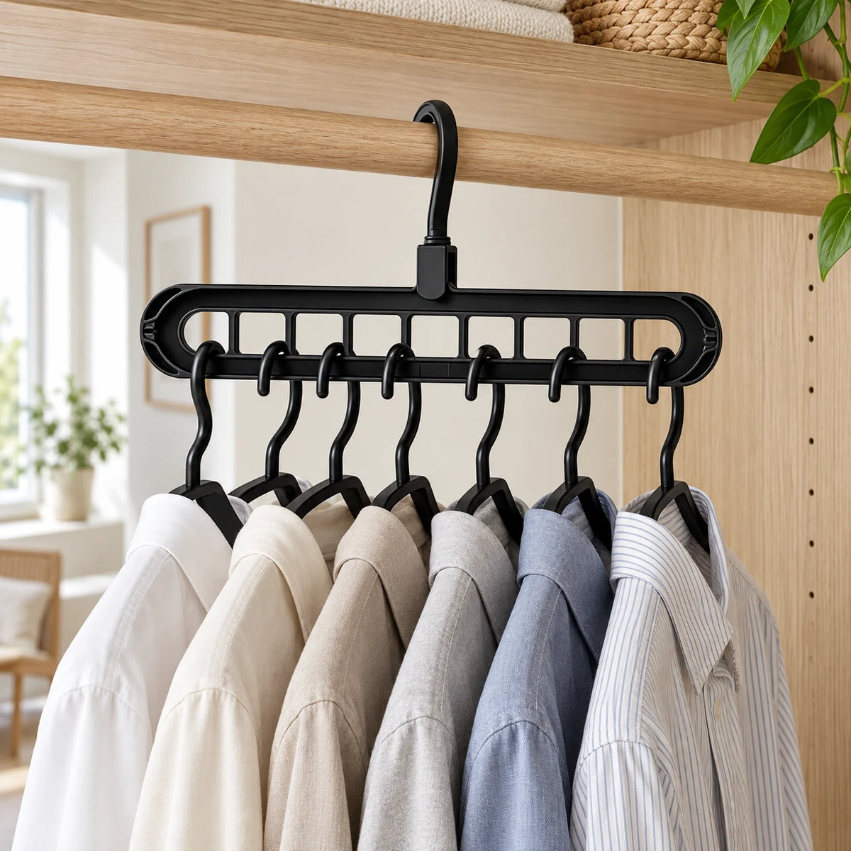 Zwarte ruimtebesparende kledinghanger met overhemden aan een houten kledingstang