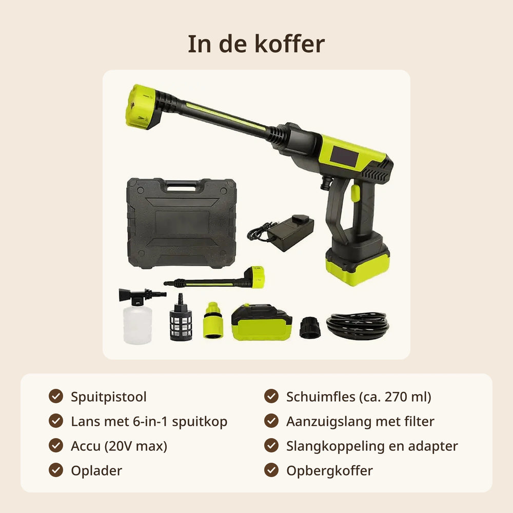 Inhoud van de koffer: accu hogedrukreiniger met accu, oplader, lans met spuitkop, schuimfles, aanzuigslang met filter en koppelingen