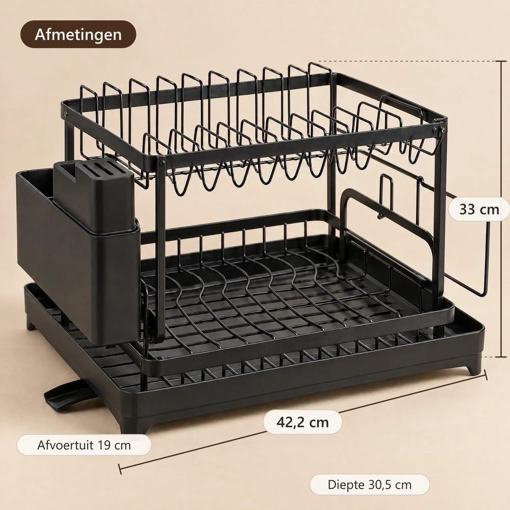 Afmetingen van het afdruiprek: ca. 42,2 cm breed, 30,5 cm diep, 33 cm hoog