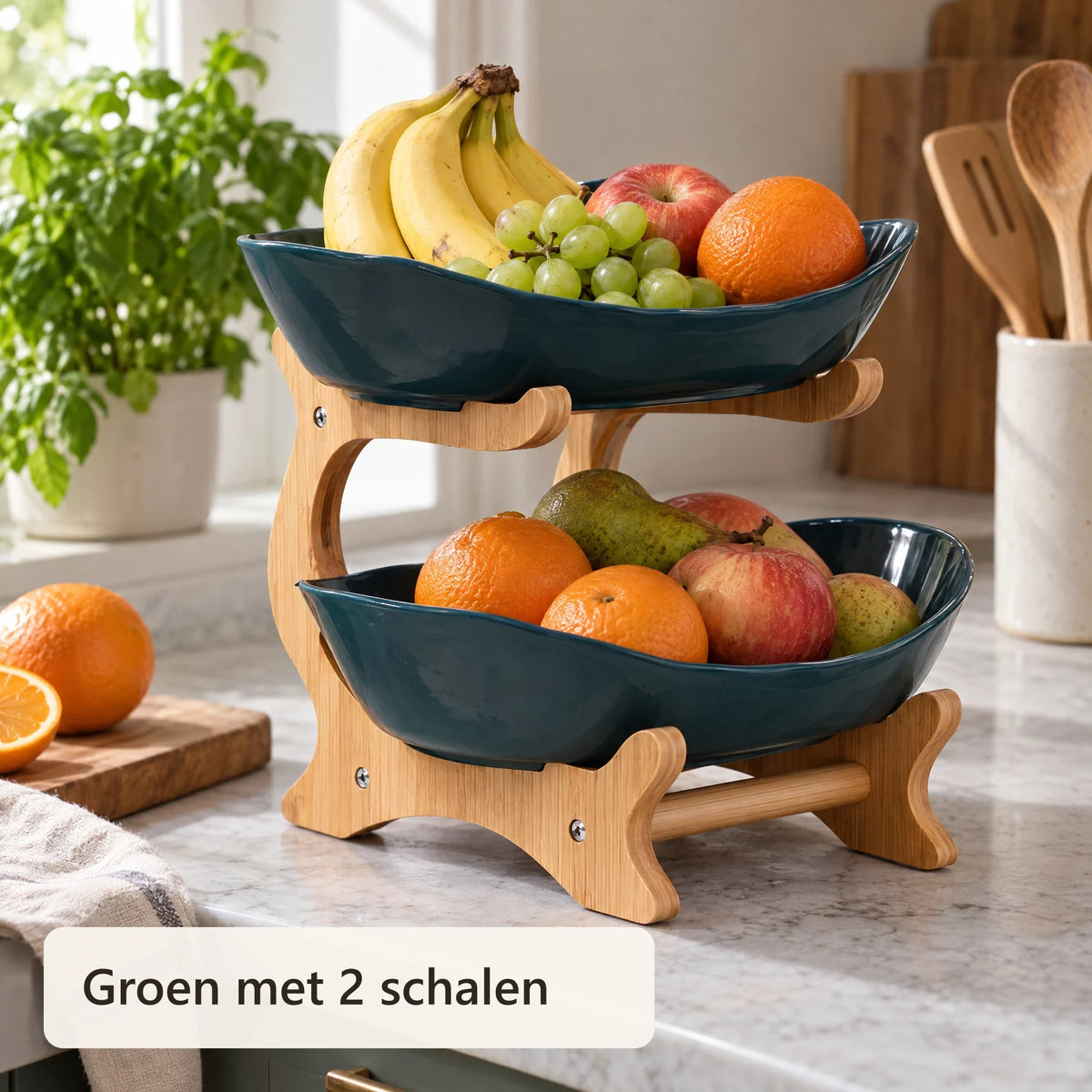 Groene fruitetagère met 2 schalen