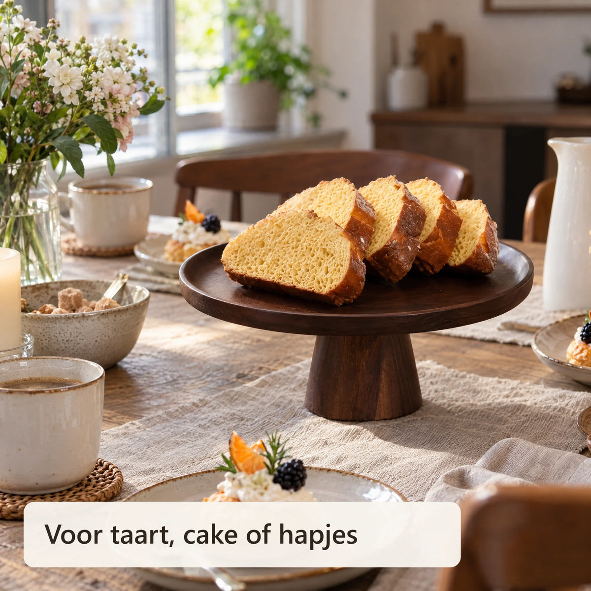 Taartplateau met cake en gebak op een gedekte koffietafel