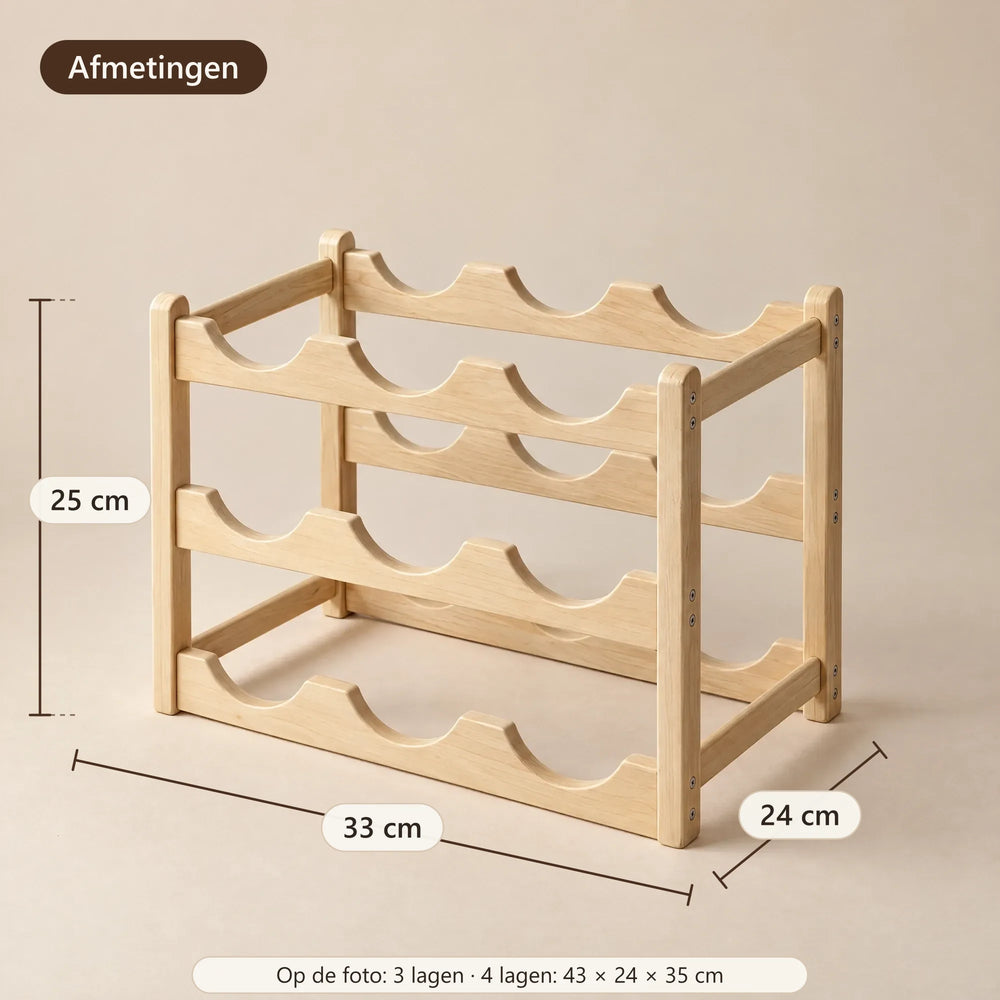 Afmetingen van het wijnrek met 3 lagen: 33 × 24 × 25 cm