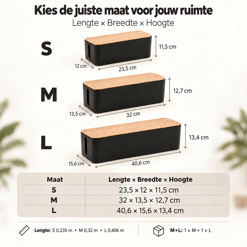 Maattabel van de kabelbox: S, M en L in lengte × breedte × hoogte