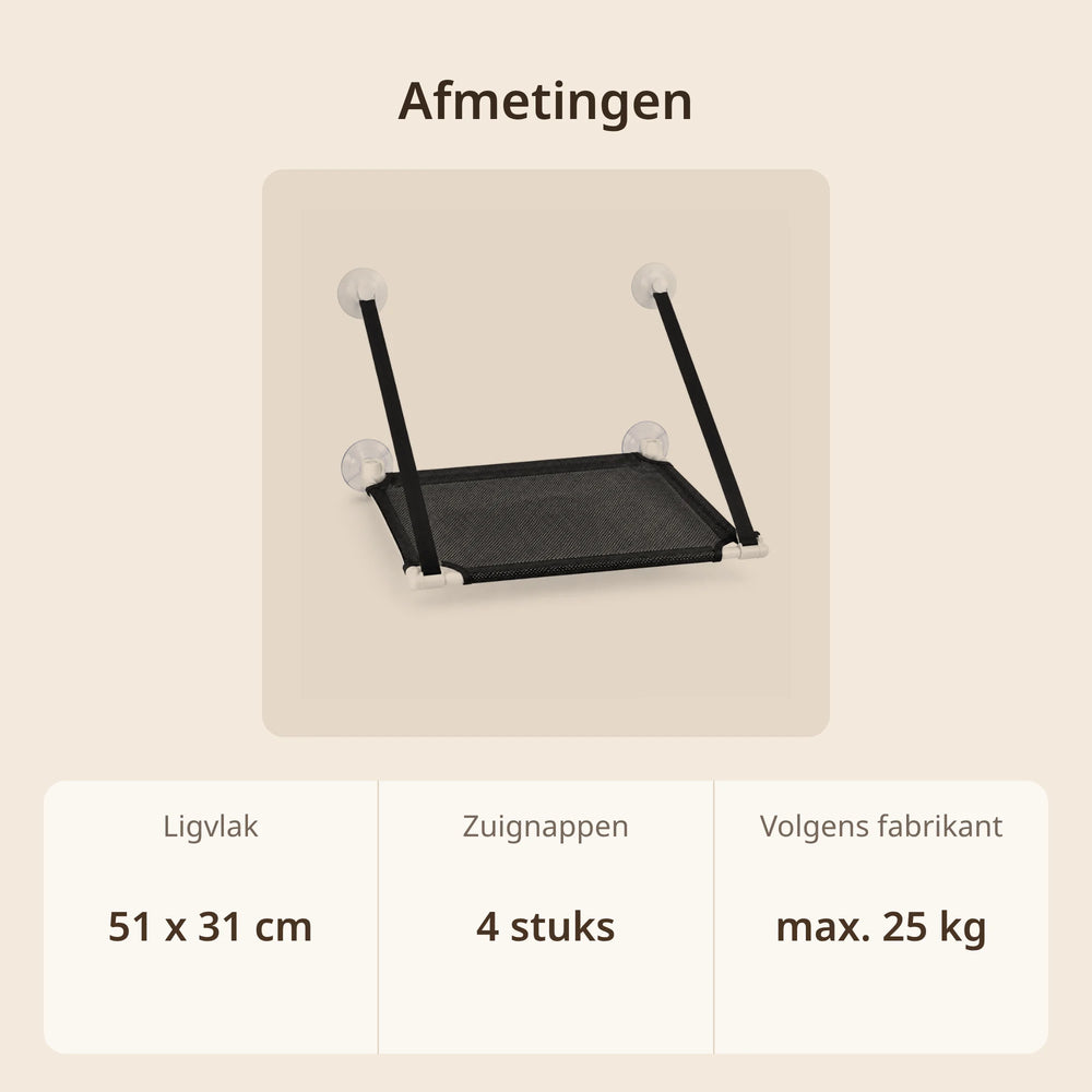 Afmetingen kattenhangmat voor het raam: ligvlak 51 x 31 cm, 4 zuignappen, maximale belasting volgens fabrikant 25 kg