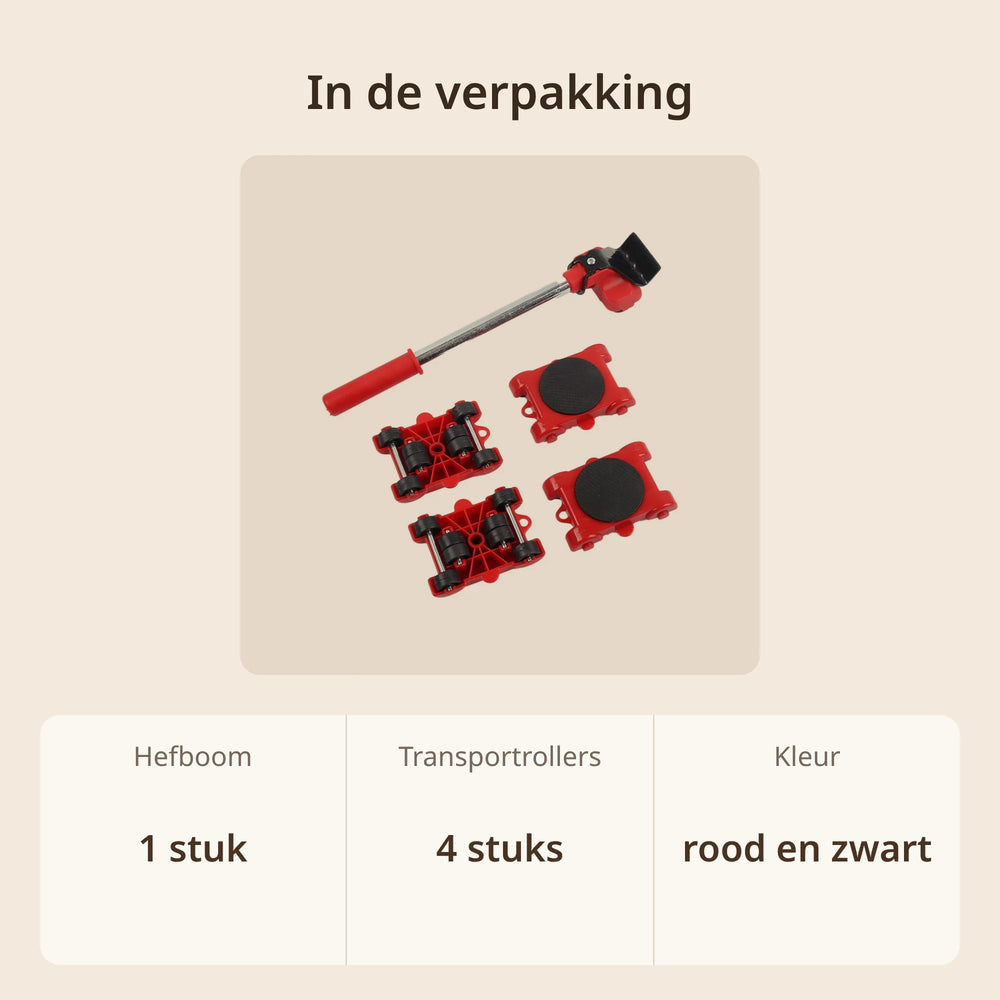 Inhoud van de meubelheffer set: 1 hefboom en 4 transportrollers in rood en zwart