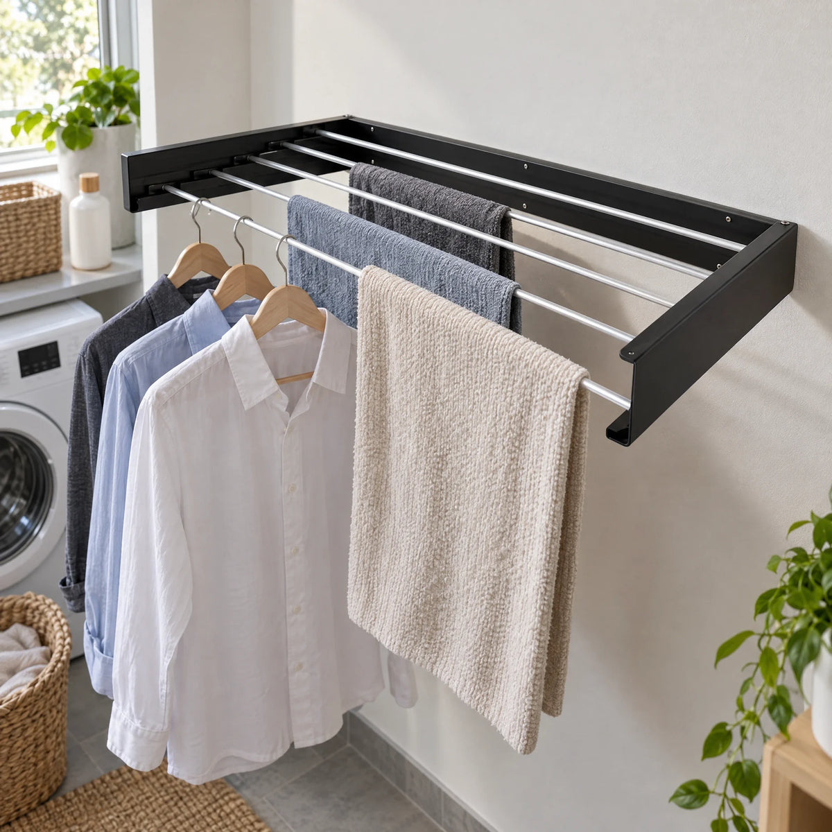 Zwart opklapbaar droogrek aan de muur met kleding en handdoeken