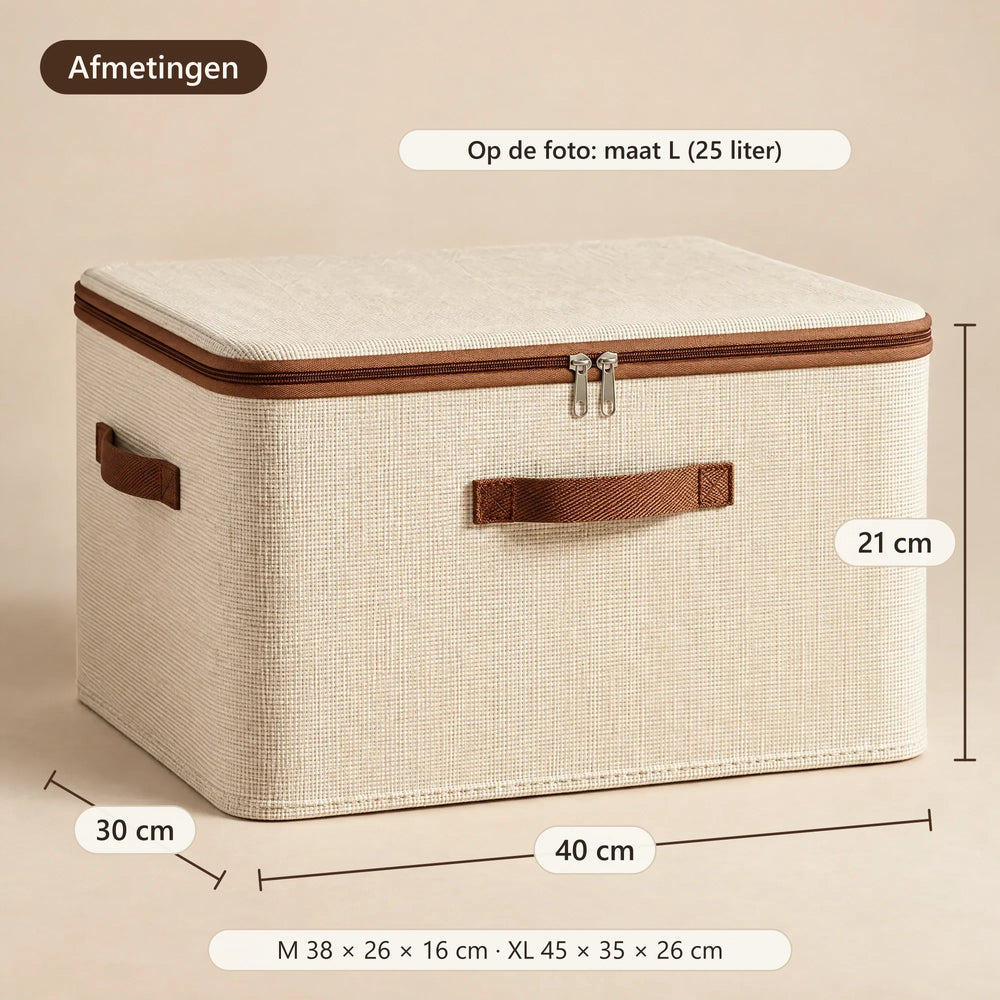 Afmetingen: M 38 × 26 × 16 cm, L 40 × 30 × 21 cm, XL 45 × 35 × 26 cm