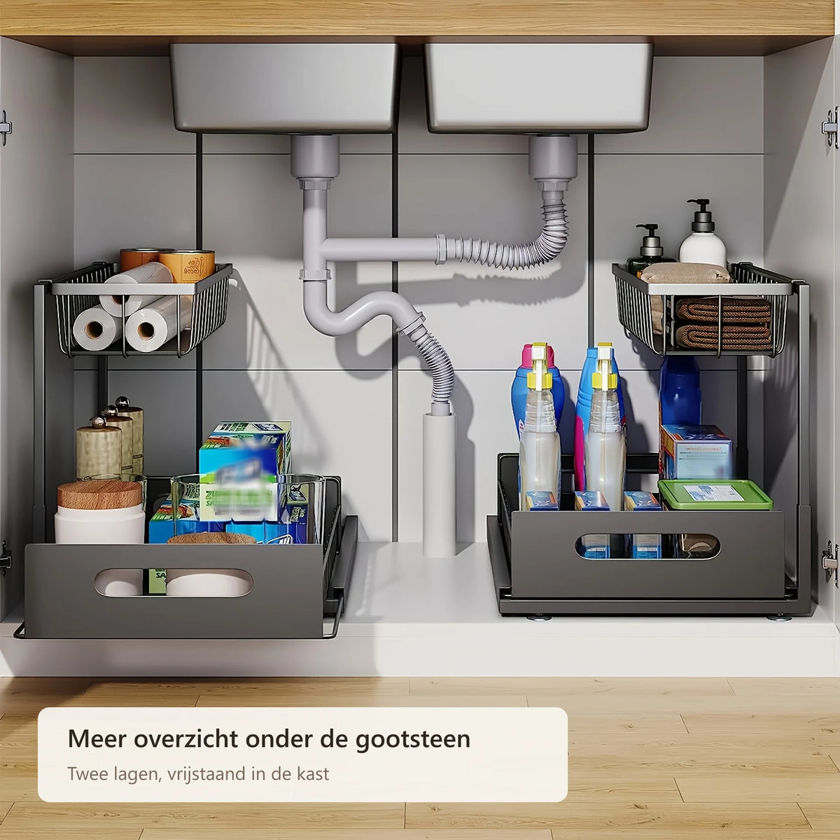 Twee zwarte organizers met 2 lagen onder een gootsteen