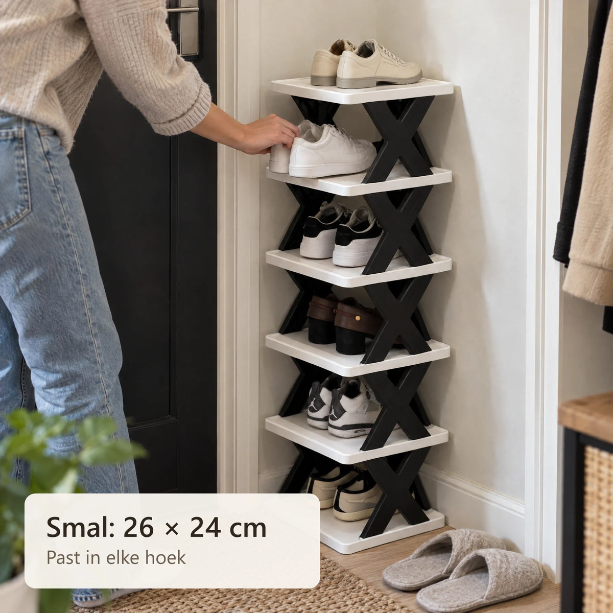 Sneakers worden op het schoenenrek gezet