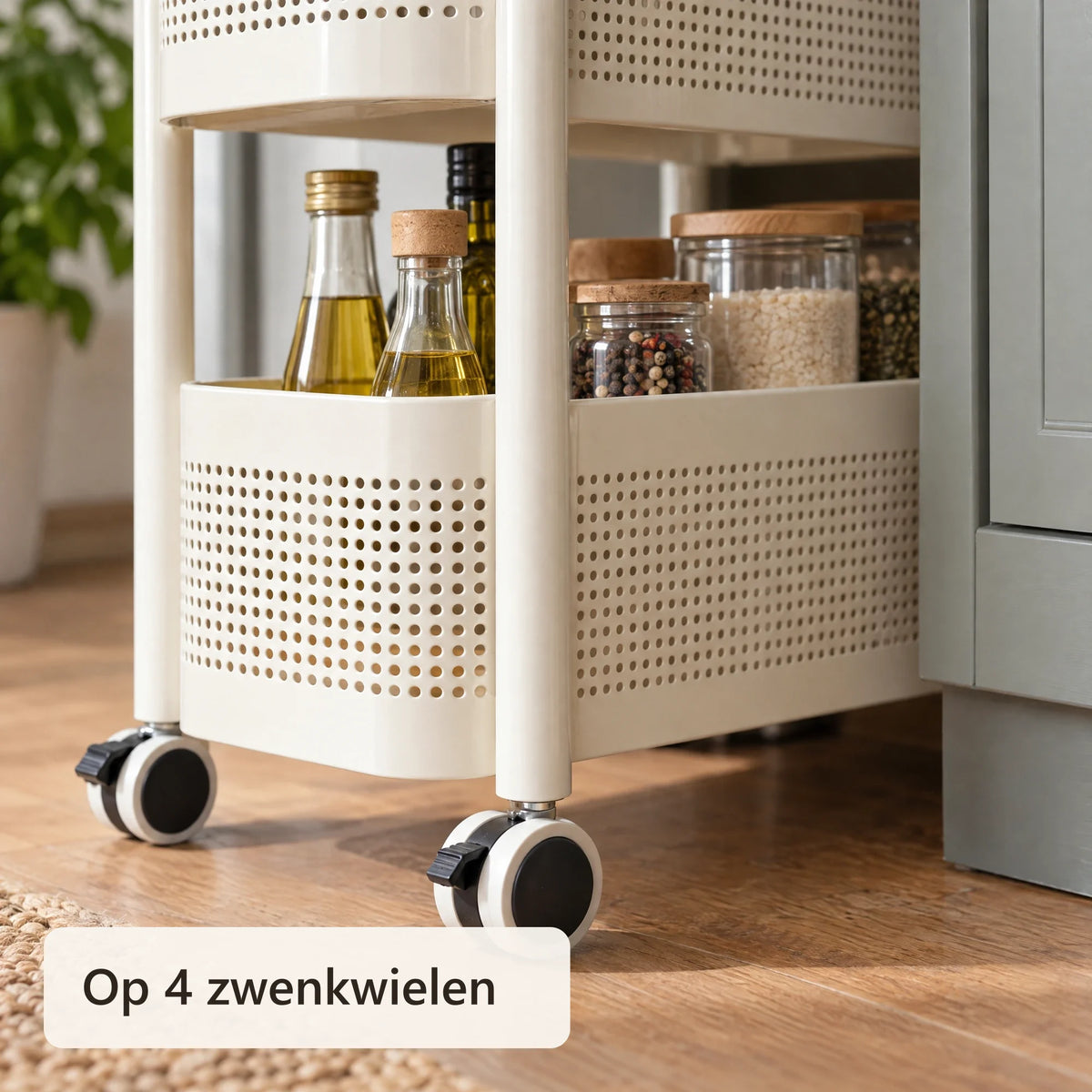 Close-up van het zwenkwiel en de onderste mand