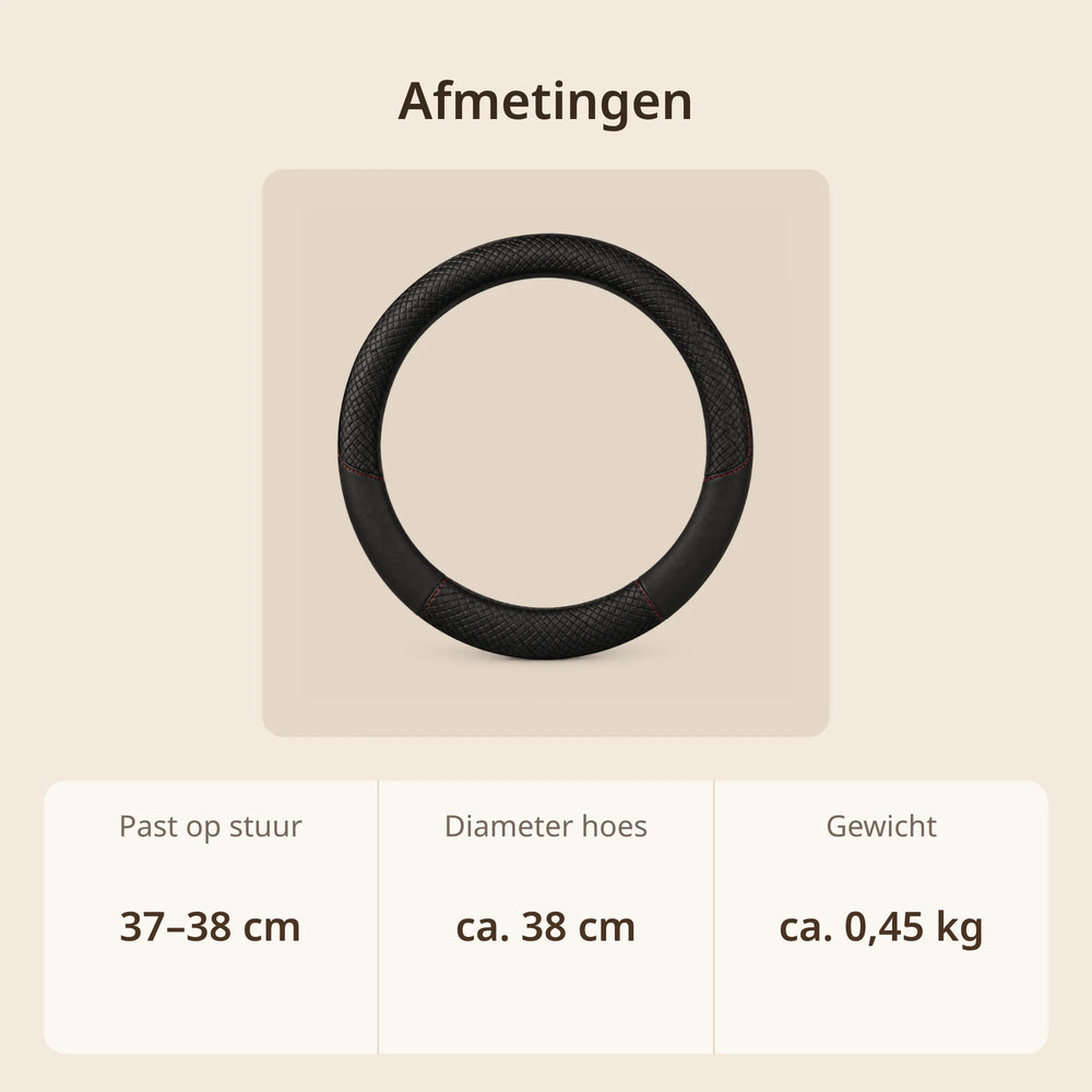 Afmetingen stuurhoes: past op sturen van 37–38 cm, diameter ca. 38 cm, gewicht ca. 0,45 kg