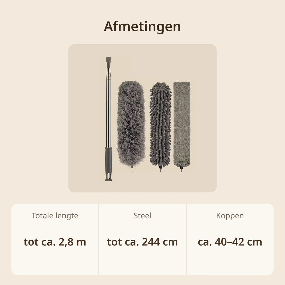 Afmetingen telescopische plumeau set: met kop tot ca. 2,8 m, steel tot ca. 244 cm, koppen ca. 40 tot 42 cm