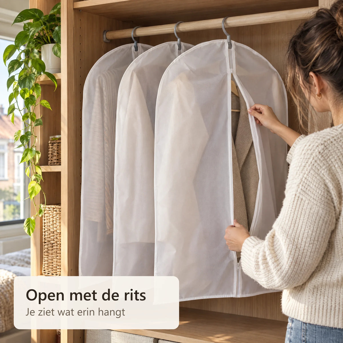 Een jas wordt uit een kledinghoes gehaald