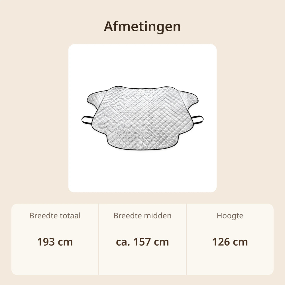 Afmetingen voorruithoes: 193 cm breed inclusief zijflappen, ca. 157 cm breed in het midden en 126 cm hoog