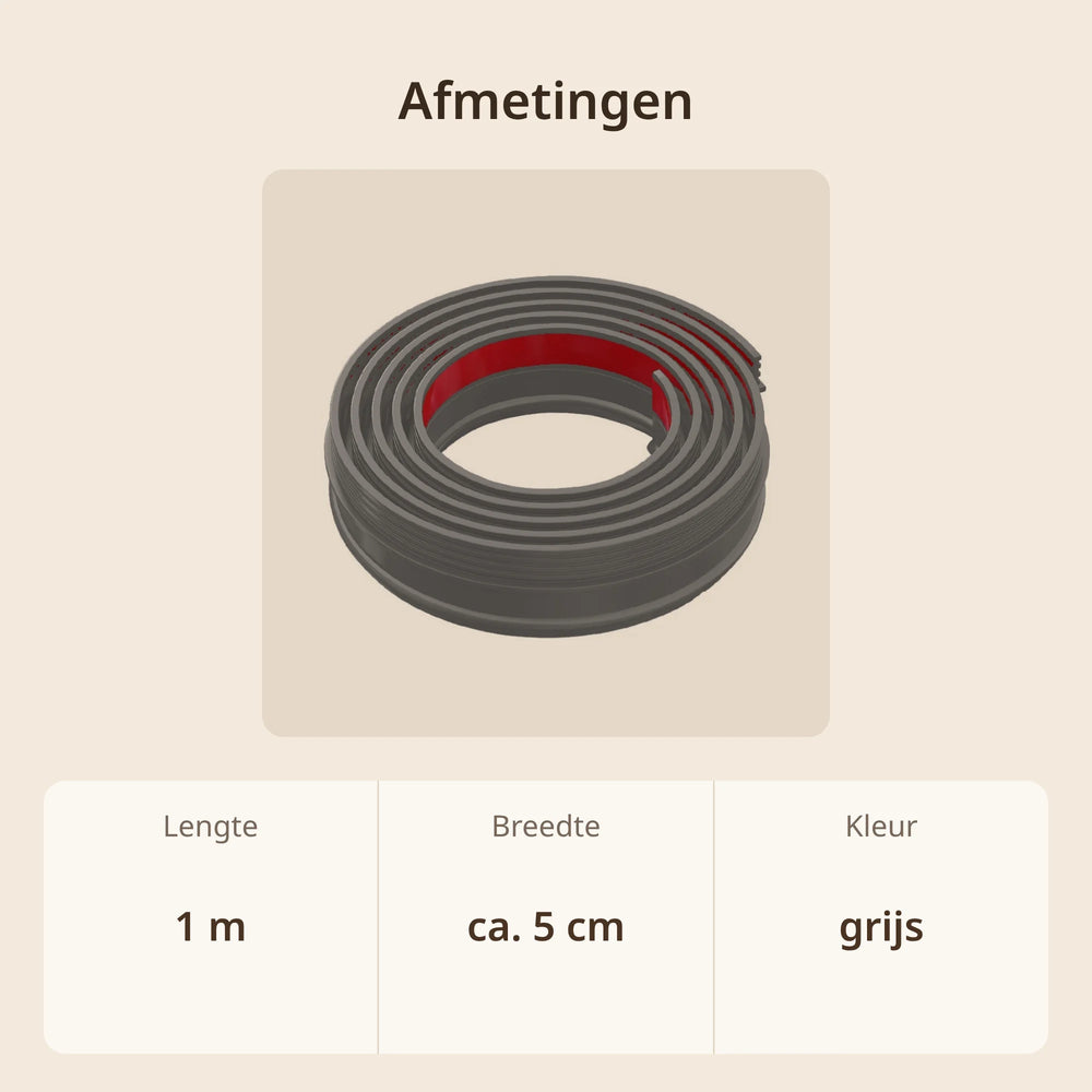 Afmetingen tochtstrip deur: 1 m lang, ca. 5 cm breed, kleur grijs