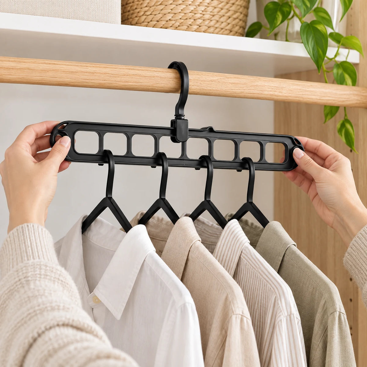 De organizer wordt met kleerhangers aan de kledingstang gehangen