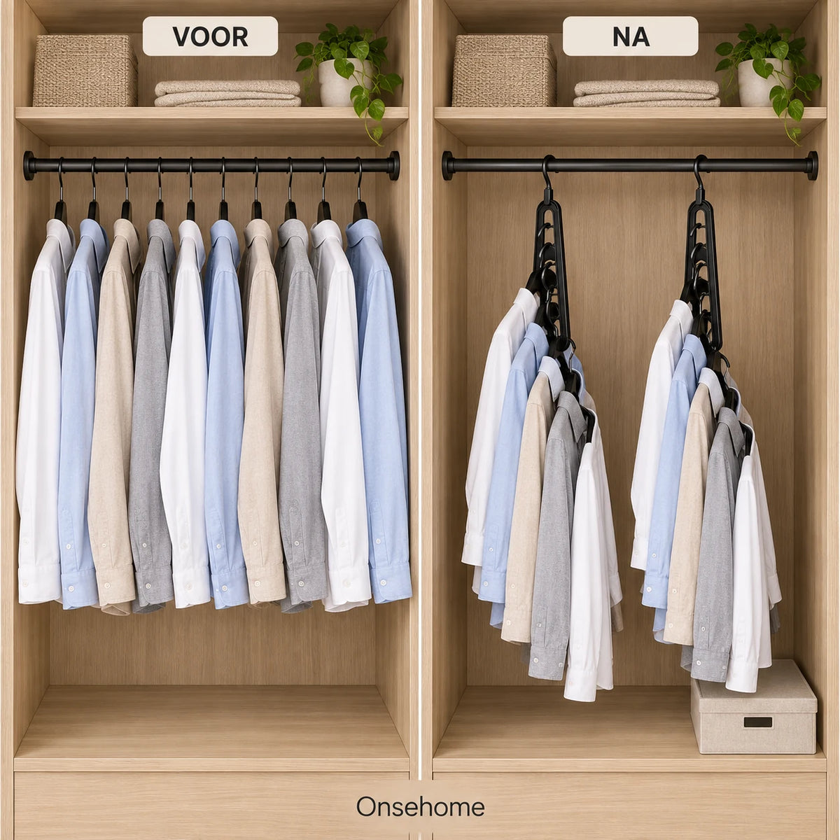 Voor en na: dezelfde kast met meer vrije ruimte aan de stang