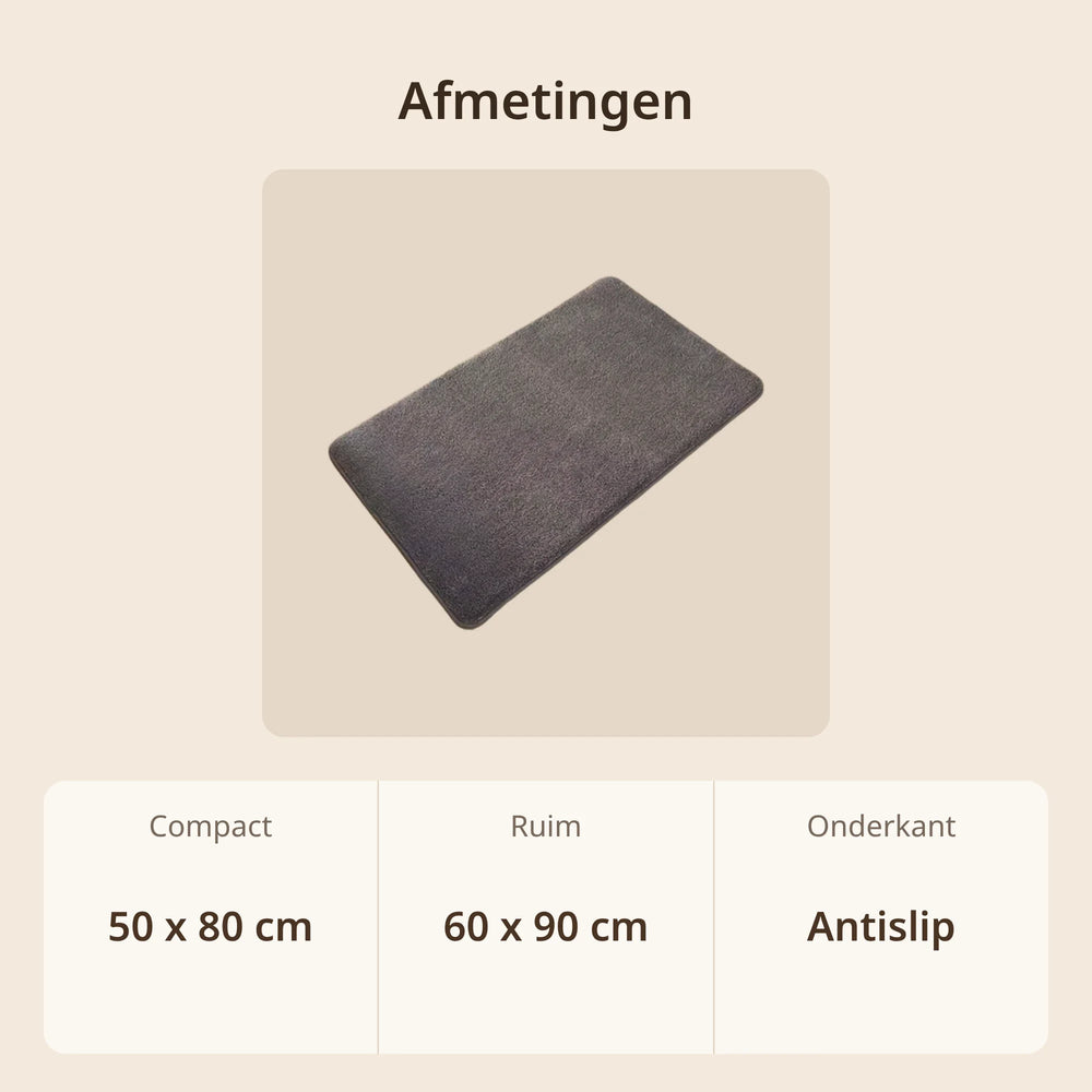 Afmetingen absorberende deurmat: 50 x 80 cm of 60 x 90 cm, met antislip onderkant