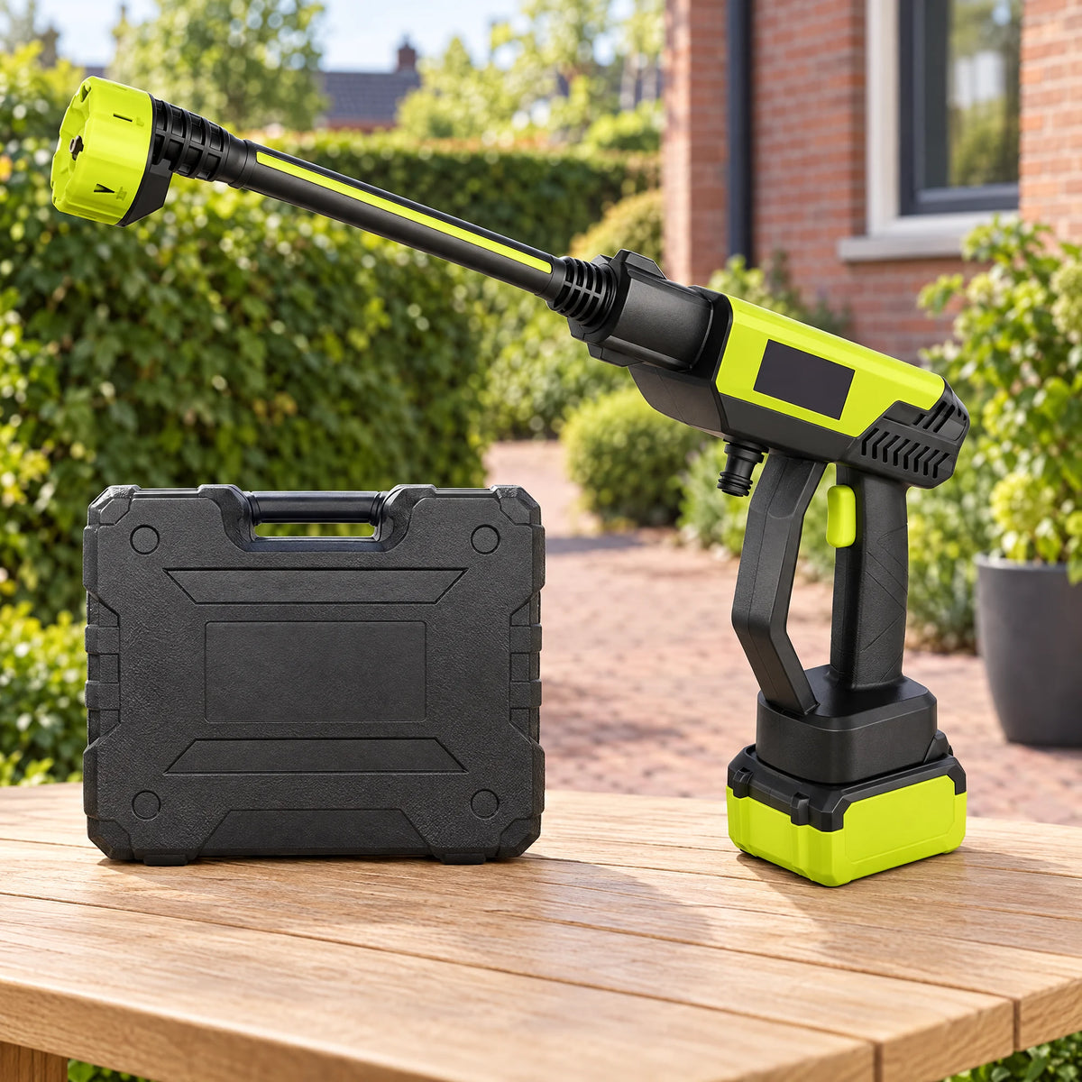 Limoengroen met zwarte accu hogedrukreiniger met lans staat naast de zwarte opbergkoffer op een houten tuintafel
