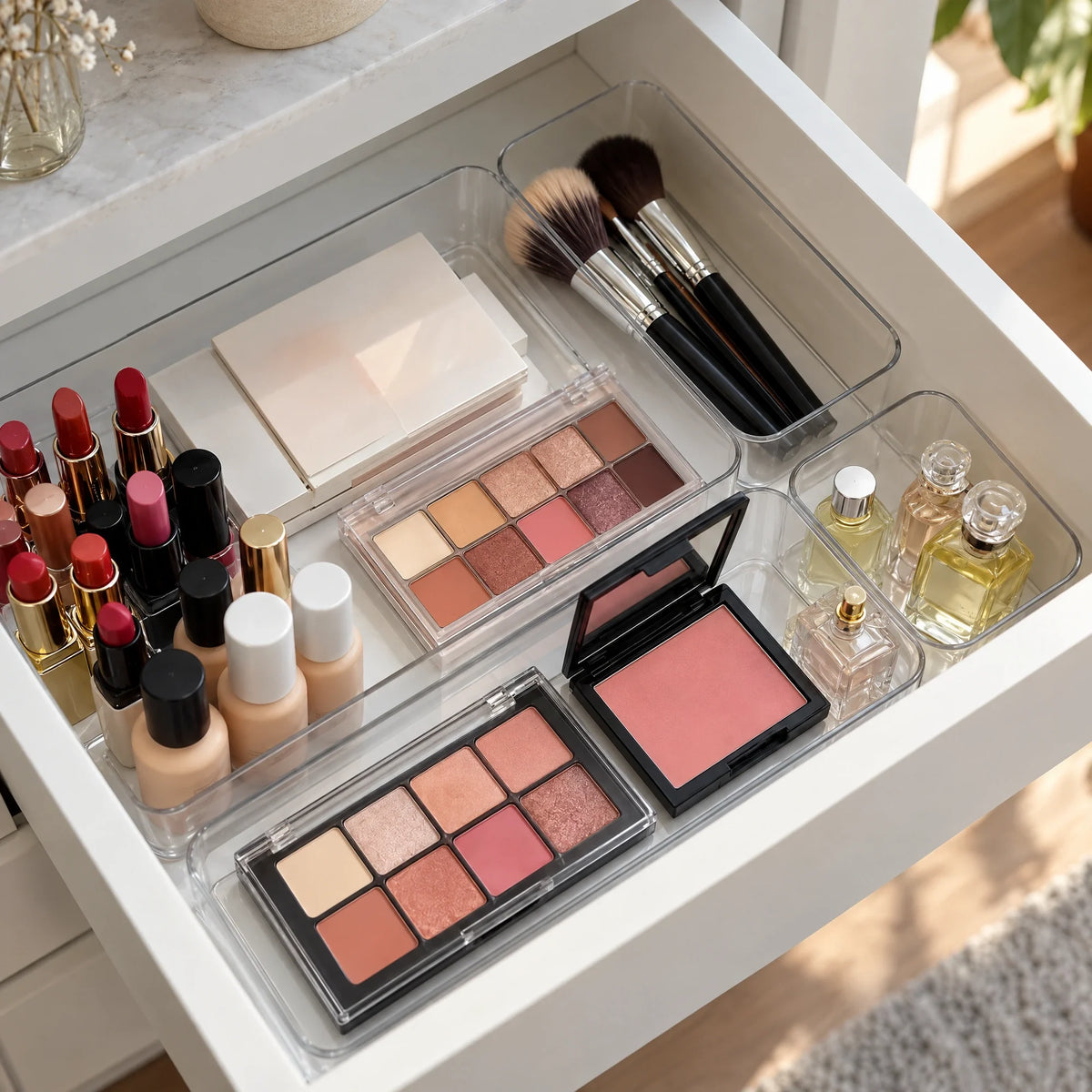 Transparante bakjes in een lade met make-up