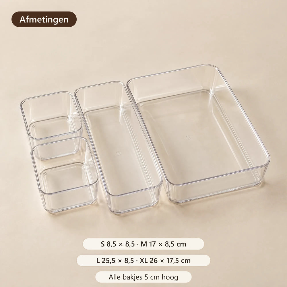 Maten: 8,5 × 8,5, 17 × 8,5, 25,5 × 8,5 en 26 × 17,5 cm, 5 cm hoog