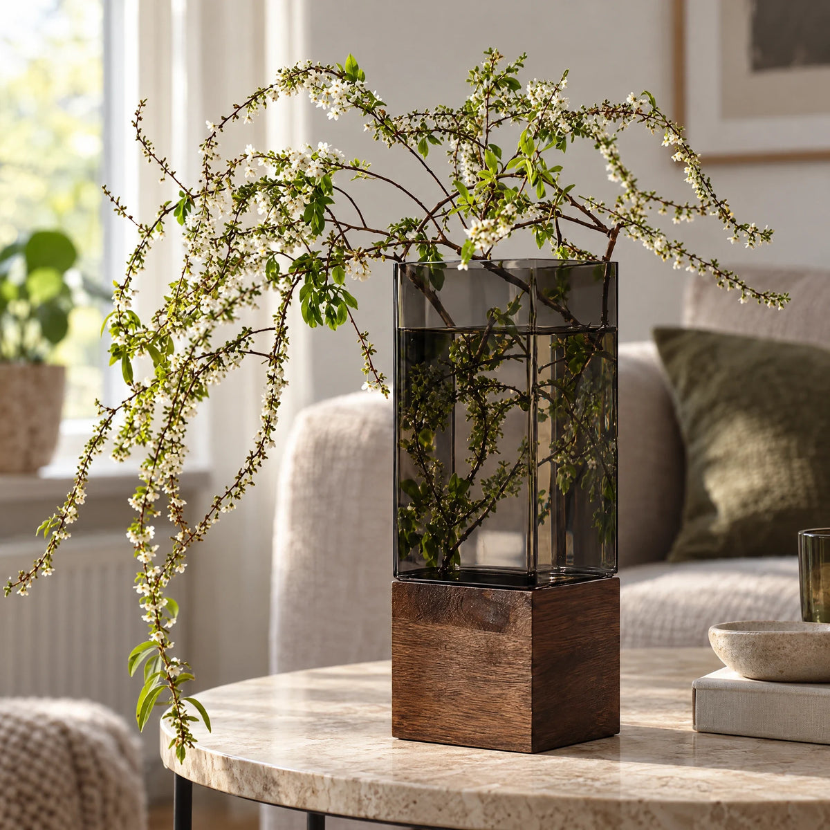 Rookkleurige acryl vaas met houten voet en groene takken