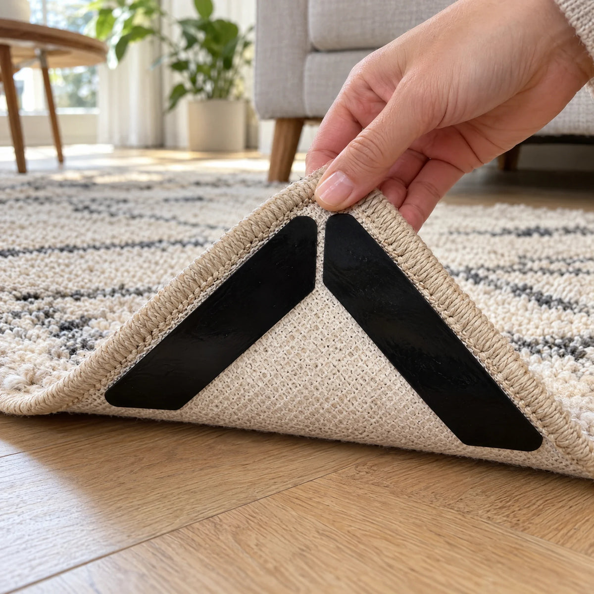 Hoek van een vloerkleed met twee zwarte antislip strips eronder