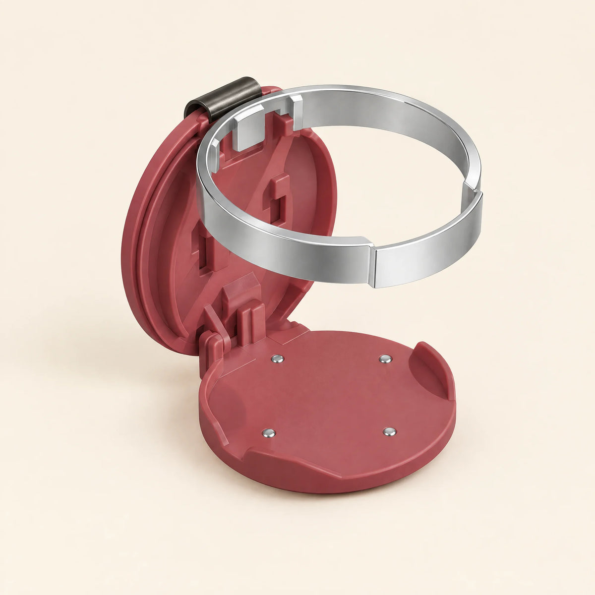 Opvouwbare bekerhouder voor de auto in de kleur rood, uitgeklapt met glanzende ring
