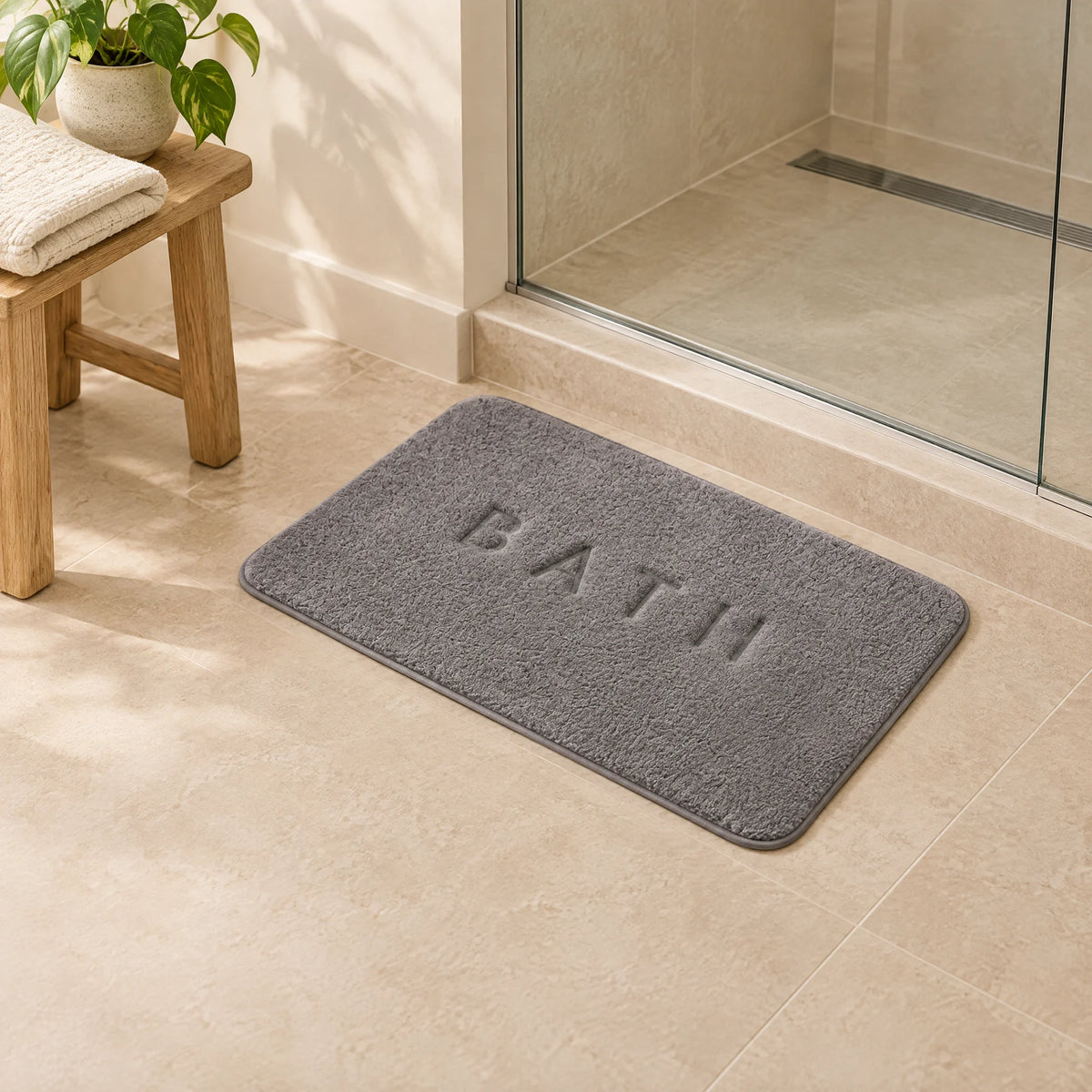 Grijze badmat van traagschuim met ingeperst woord BATH ligt voor een inloopdouche op een beige tegelvloer