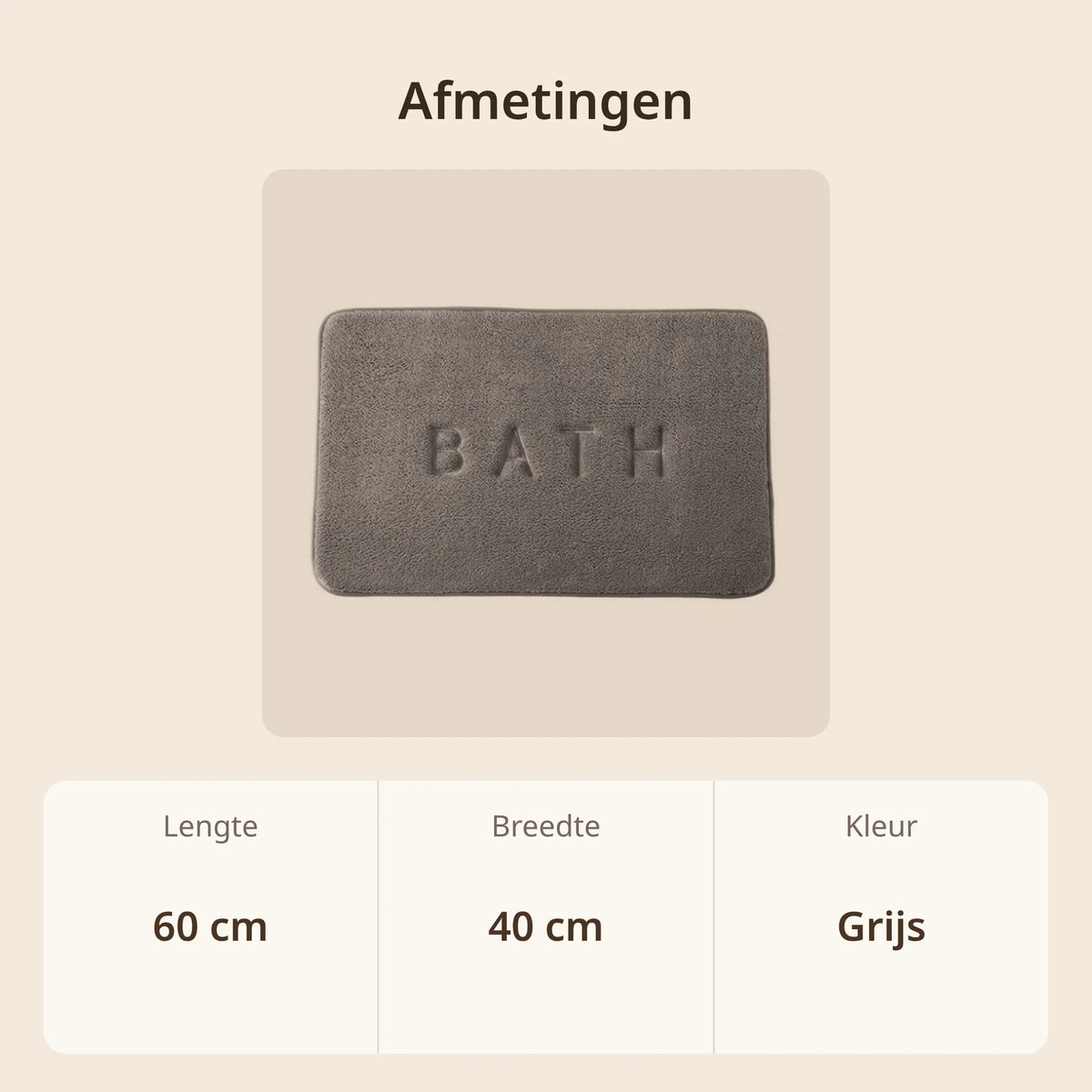 Afmetingen badmat van traagschuim: 60 cm lang en 40 cm breed, kleur grijs