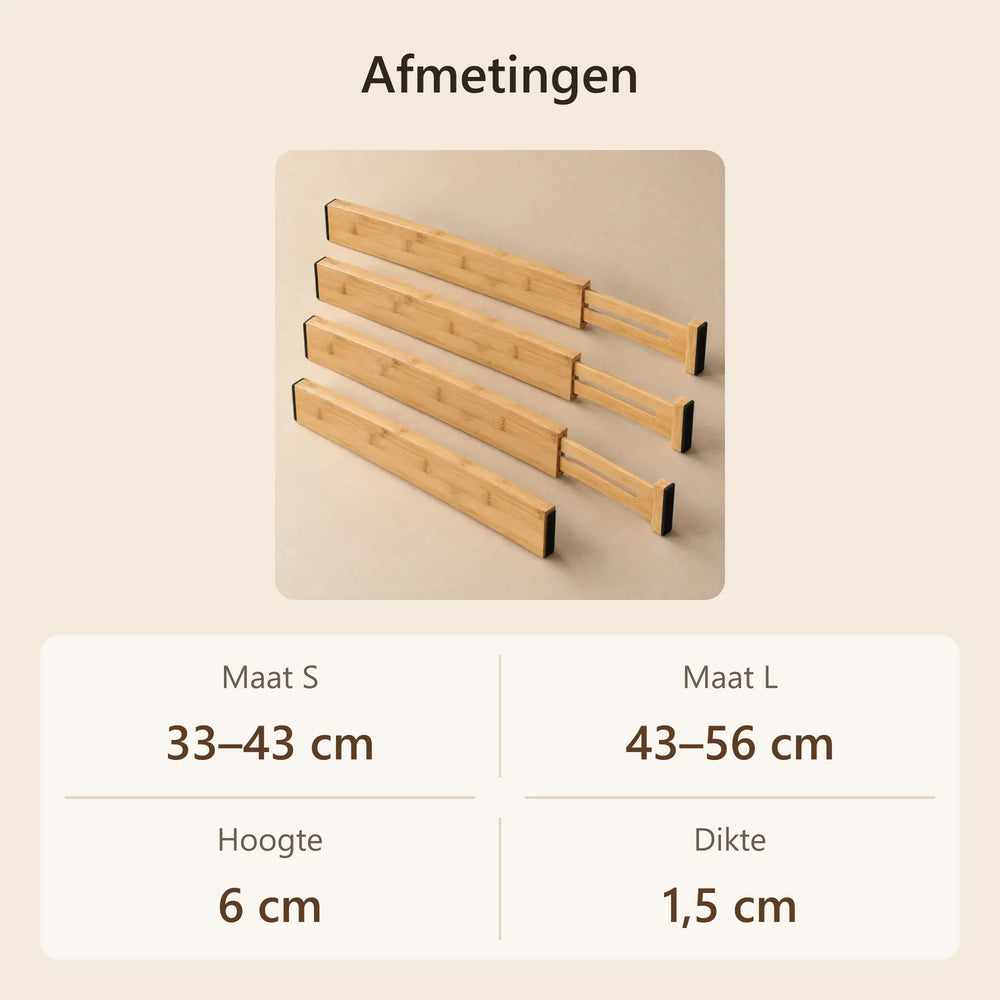 Afmetingen van de bamboe ladeverdelers