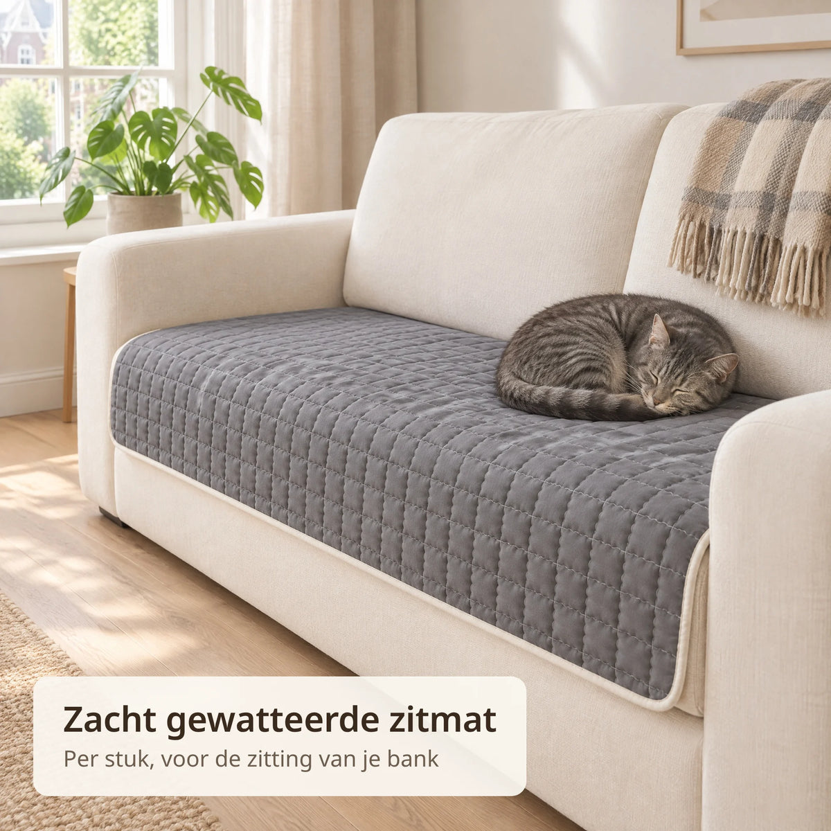 Kat slaapt opgerold op de gewatteerde bankbeschermer op de zitting van de bank