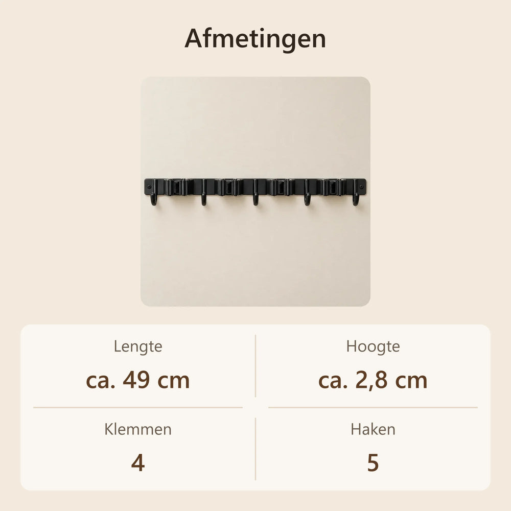 Afmetingen van de bezemhouder: ca. 49 cm lang