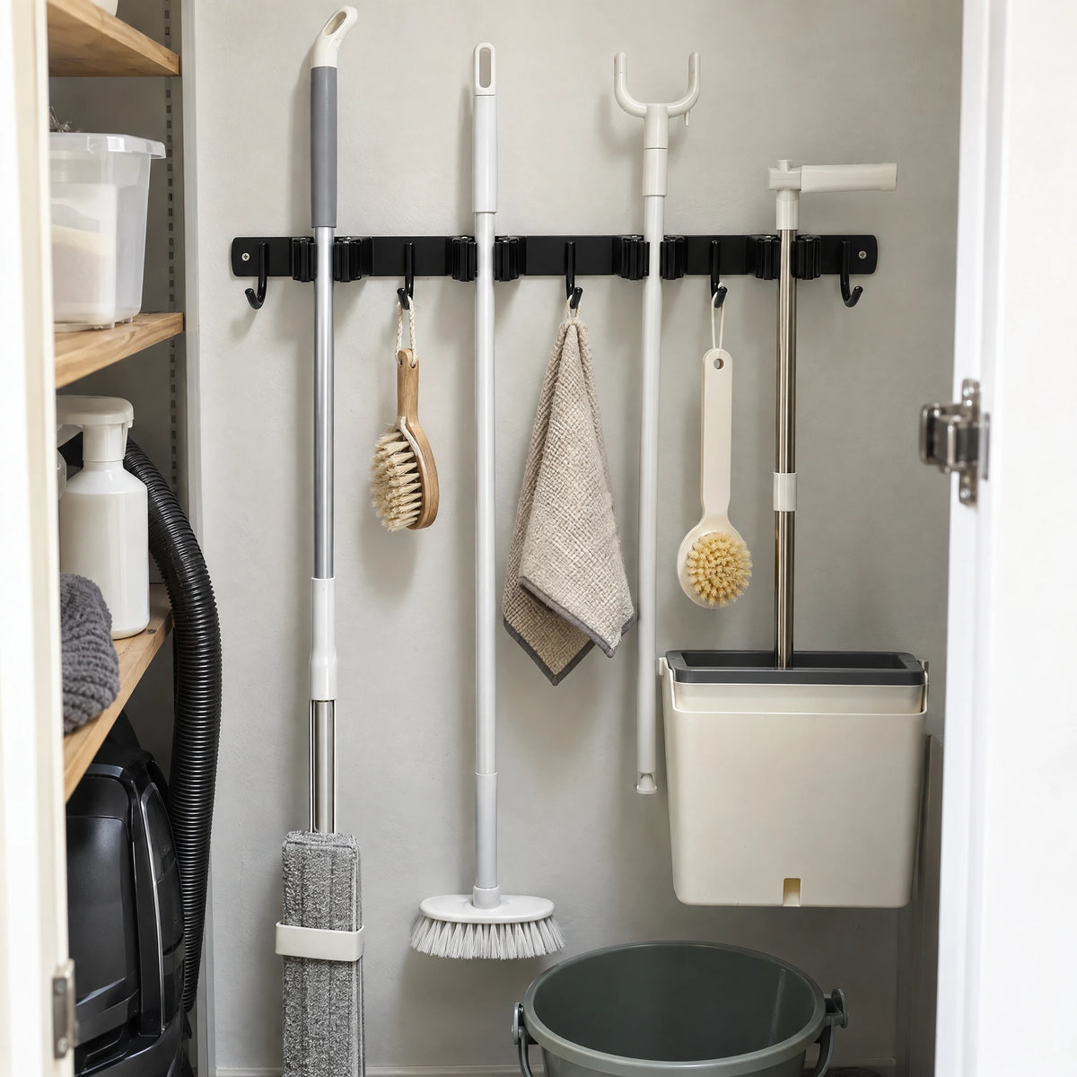 Bezemhouder voor aan de wand, 4 klemmen en 5 haken