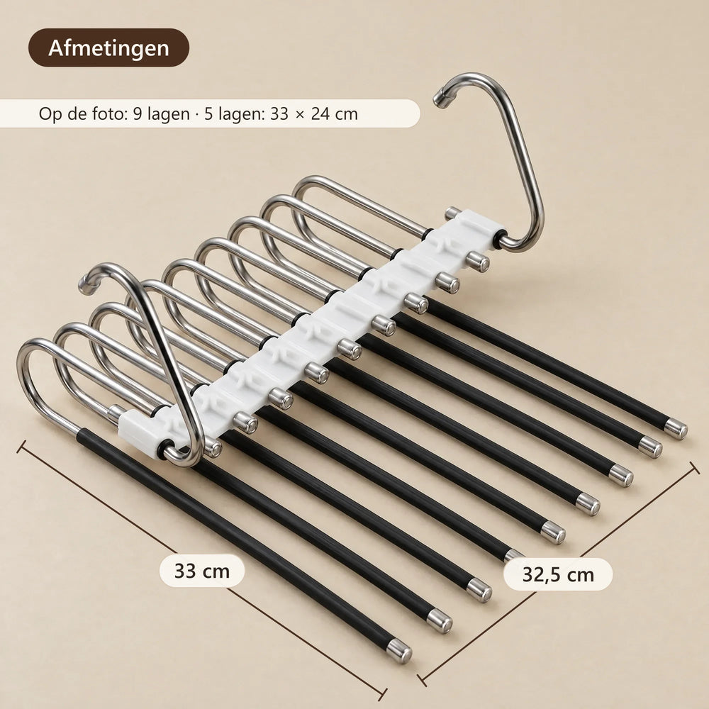 Afmetingen van de broekhanger met 9 lagen: 33 × 32,5 cm