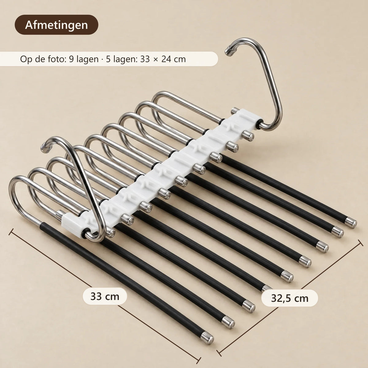 Afmetingen van de broekhanger met 9 lagen: 33 × 32,5 cm