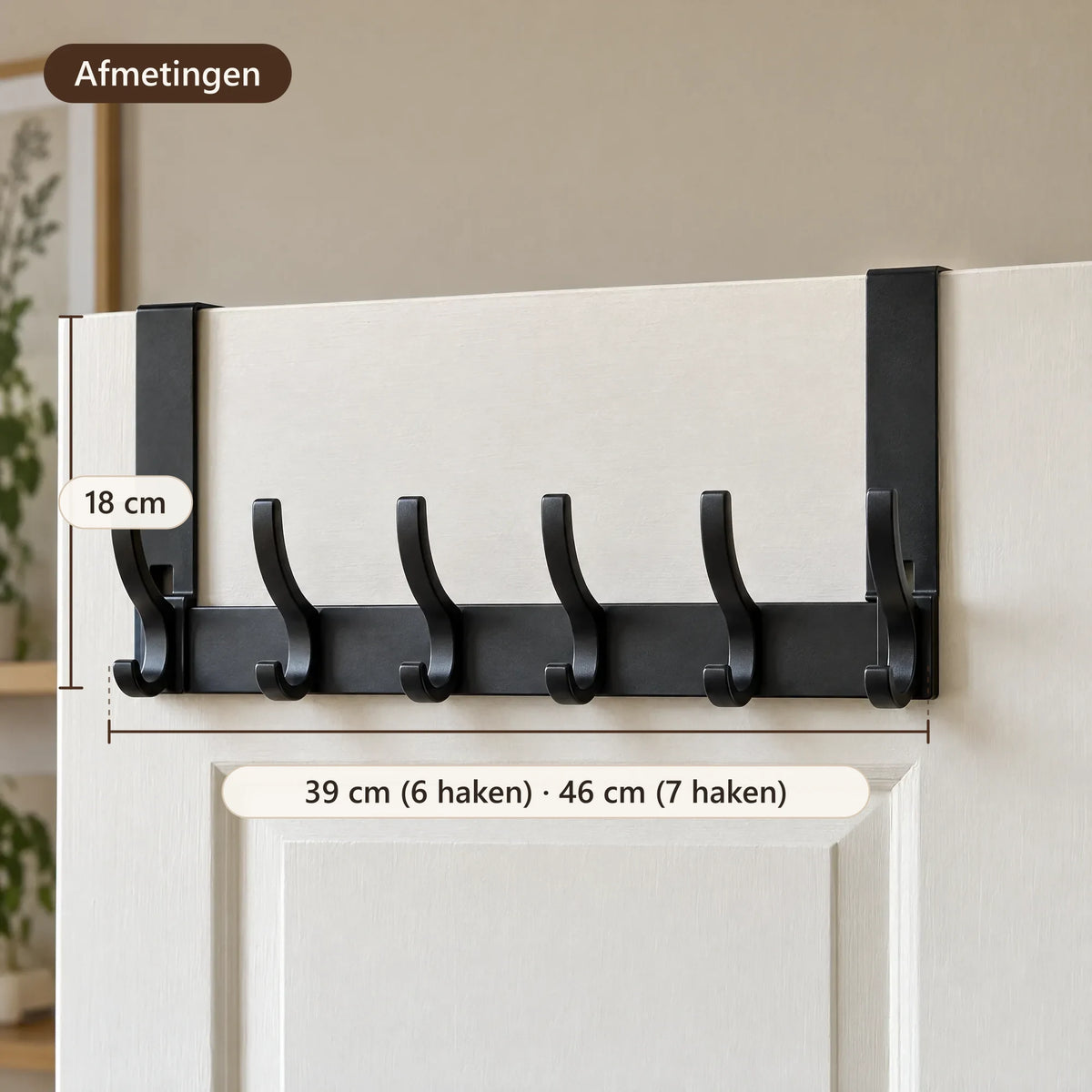 Afmetingen: 39 cm (6 haken) of 46 cm (7 haken) breed, 18 cm hoog