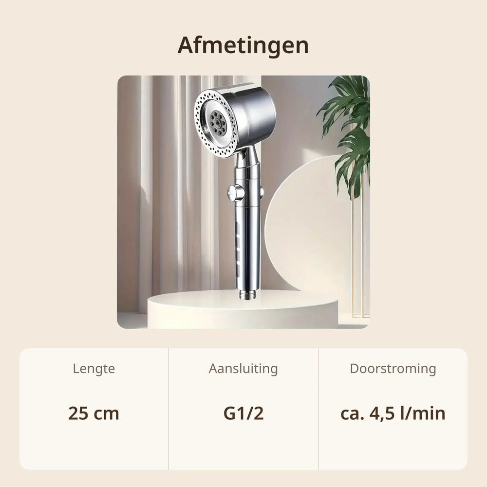 Afmetingen douchekop: 25 cm lang, G1/2 aansluiting en doorstroming van ca. 4,5 liter per minuut