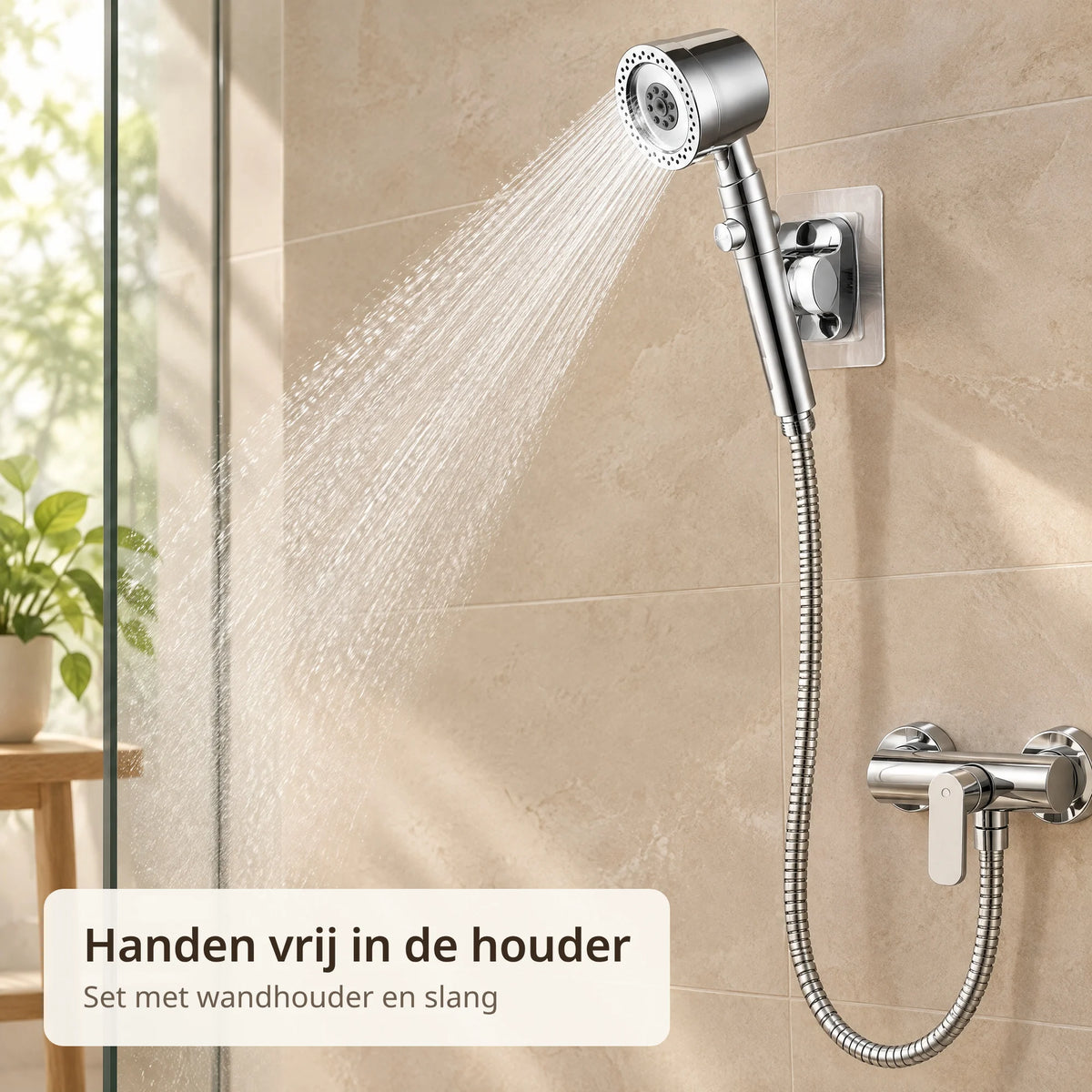 Douchekop hangt in de wandhouder op een beige tegelwand met de slang aangesloten op de kraan