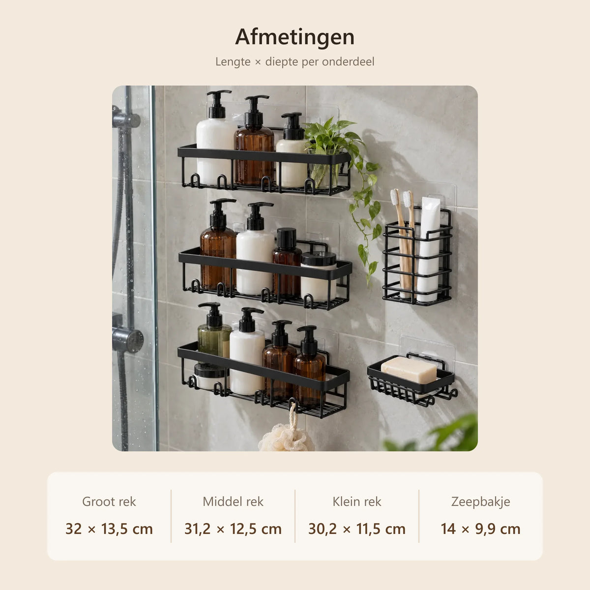 Afmetingen: rekken 32, 31,2 en 30,2 cm lang, zeepbakje 14 × 9,9 cm