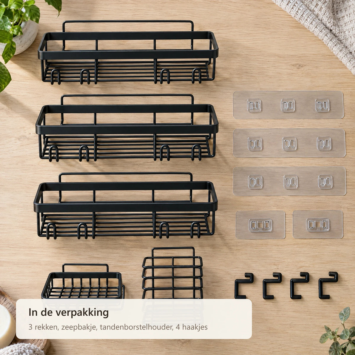 Inhoud: drie rekken, zeepbakje, tandenborstelhouder, vier haakjes en vijf plakstrips