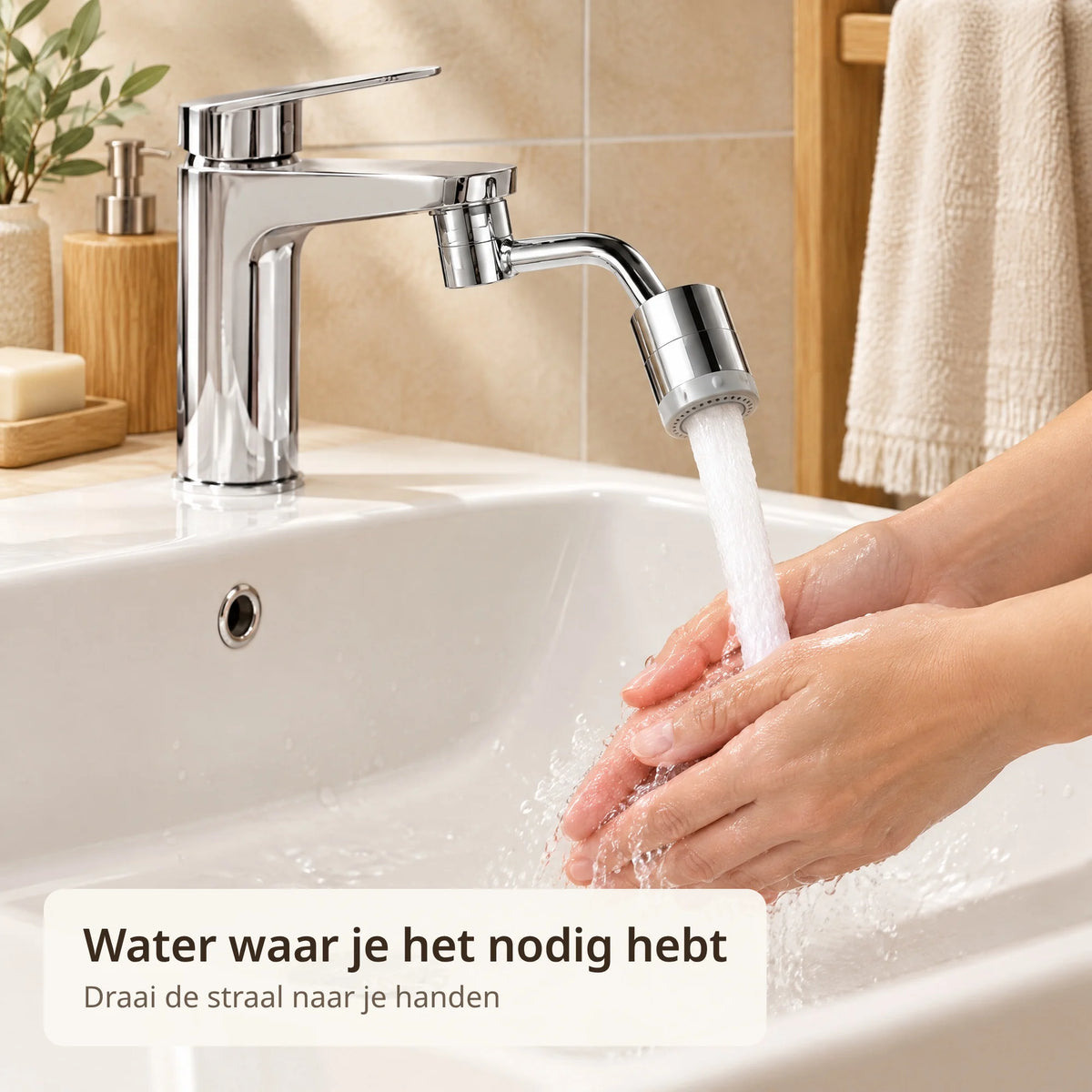 Handen worden gewassen onder de zachte straal van het draaibare kraanopzetstuk