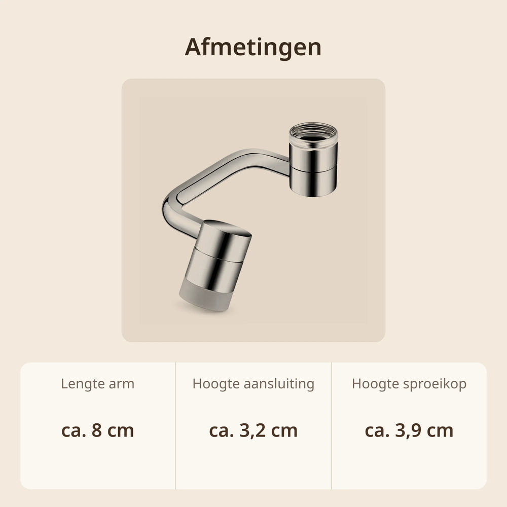 Afmetingen draaibaar kraanopzetstuk: arm ca. 8 cm, aansluitstuk ca. 3,2 cm en sproeikop ca. 3,9 cm hoog