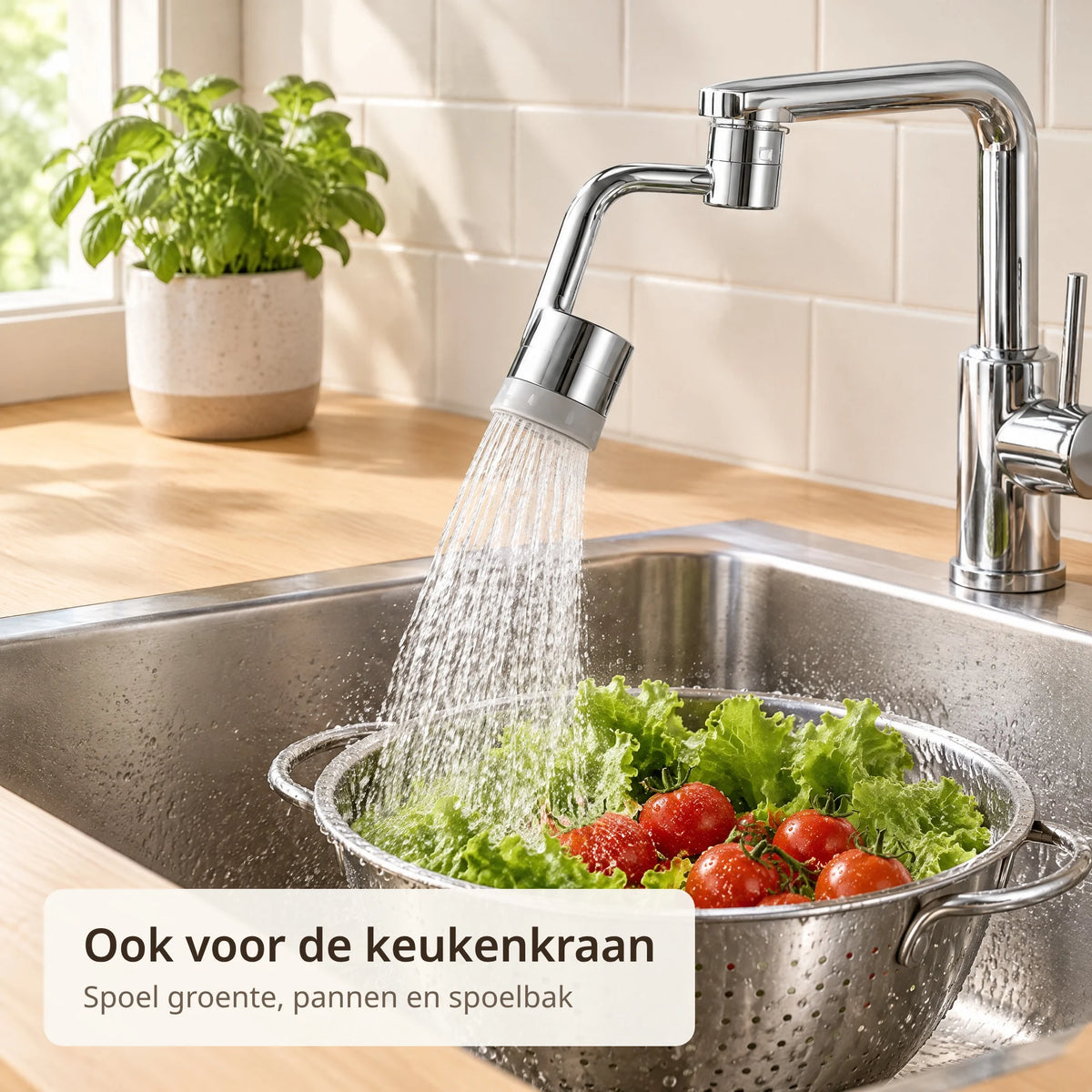 Kraanopzetstuk op een keukenkraan spoelt sla en tomaten af in een vergiet