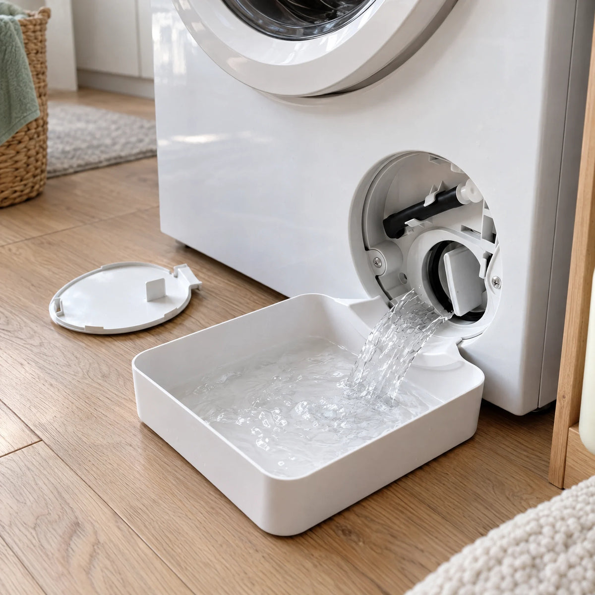 Witte opvangbak onder het filter van een wasmachine