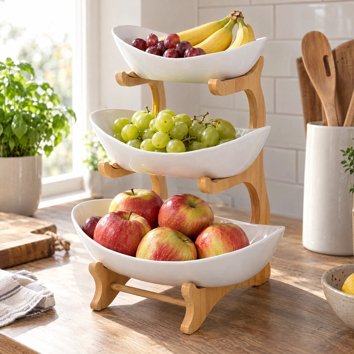 Witte fruitetagère met 3 schalen vol fruit op het aanrecht