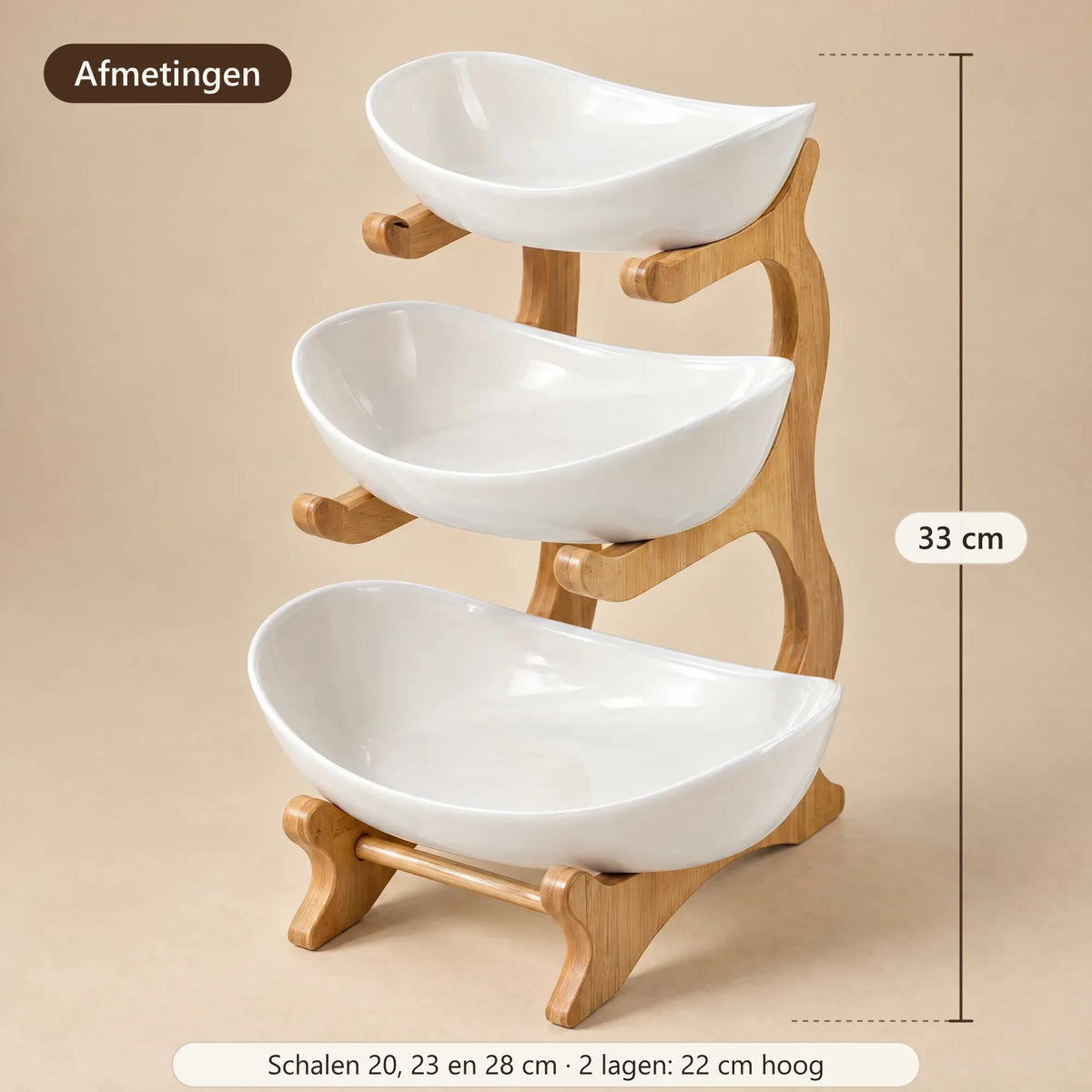 Afmetingen van de etagère met 3 lagen: 33 cm hoog
