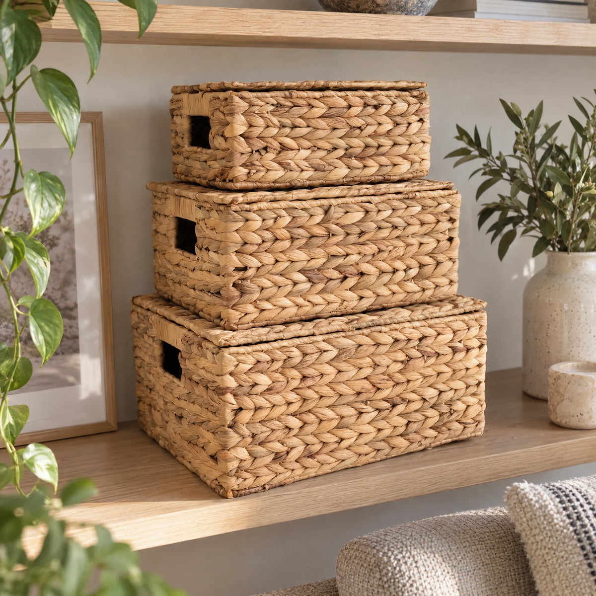 Drie gevlochten opbergmanden met deksel op een houten plank