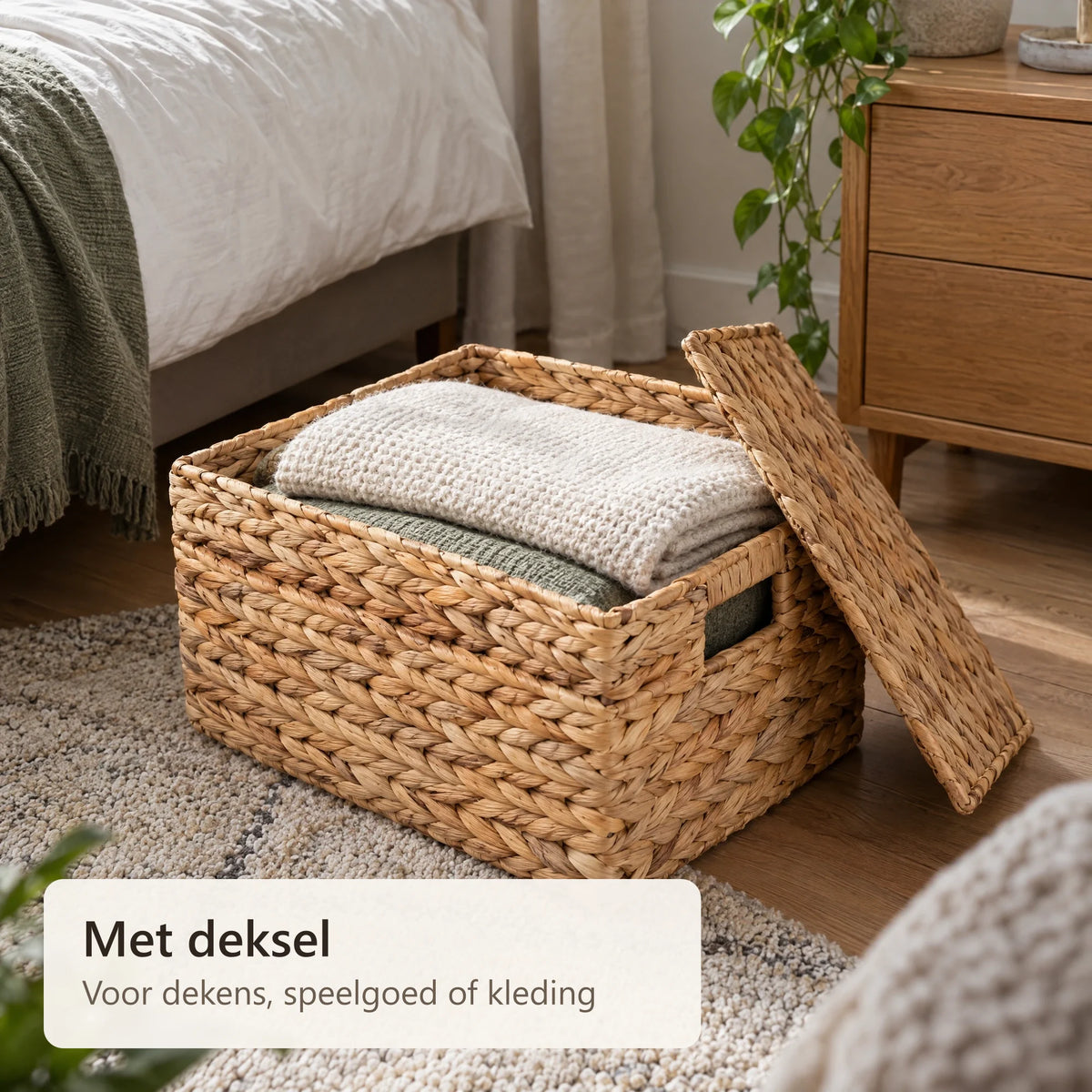 Open gevlochten mand met opgevouwen dekens