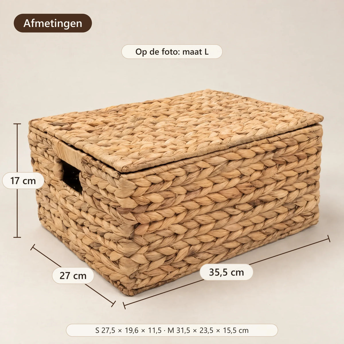 Afmetingen van de grote mand: 35,5 × 27 × 17 cm